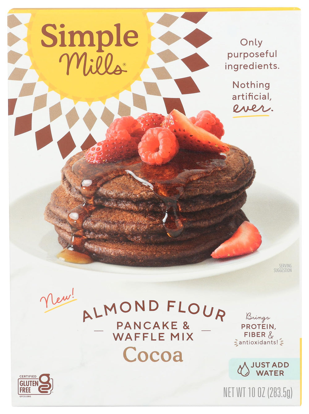 Simple Mills Cocoa Pancake Waffle Mix packaging showcases premium ingredients for versatile breakfasts.