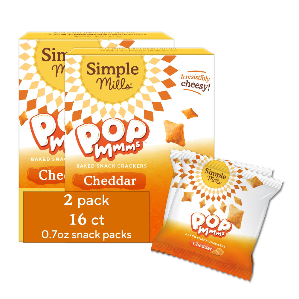 Simple Mills Pop Mmms Cheddar Snack Pack box front with crunchy gluten-free goodness.