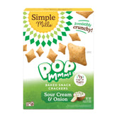 Simple Mills Pop Mmms Sour Cream & Onion crackers in pack provide gluten-free crunch for lunchboxes.