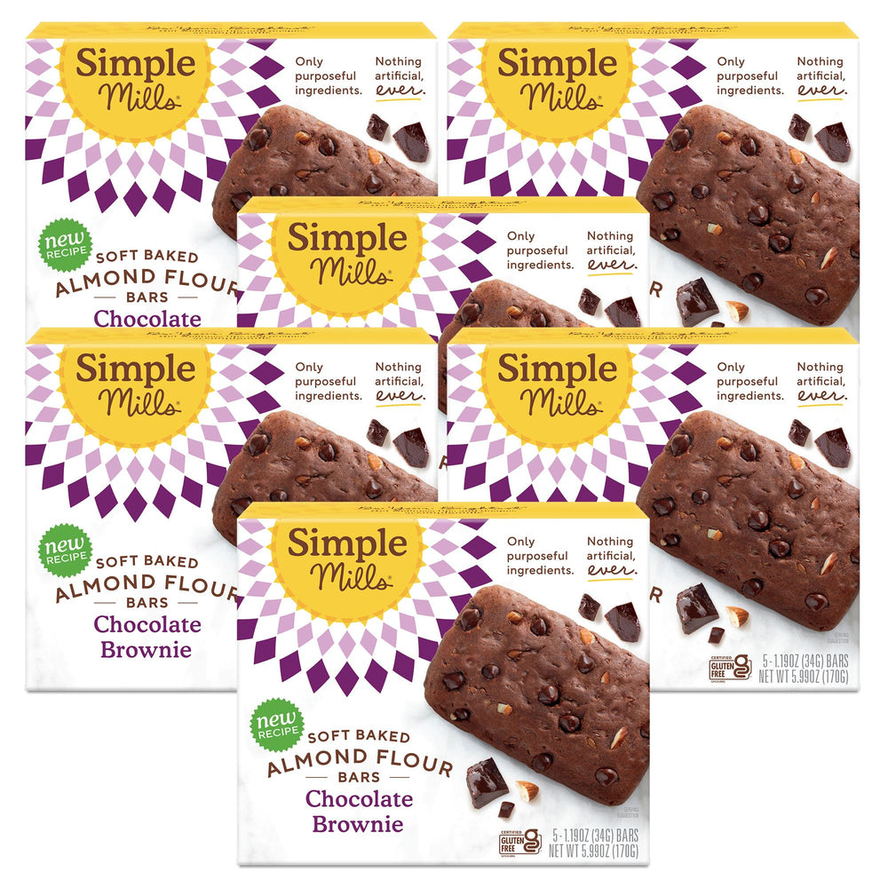 Simple Mills soft baked almond bars chocolate brownie 6-pack, convenient gluten-free snack for busy days.