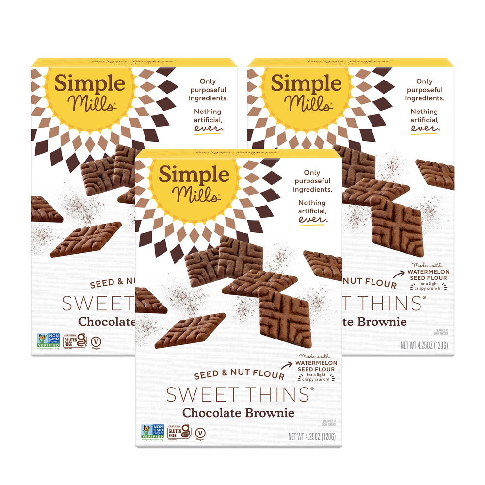 Simple Mills Sweet Thins chocolate brownie pack front, gluten-free snack option.