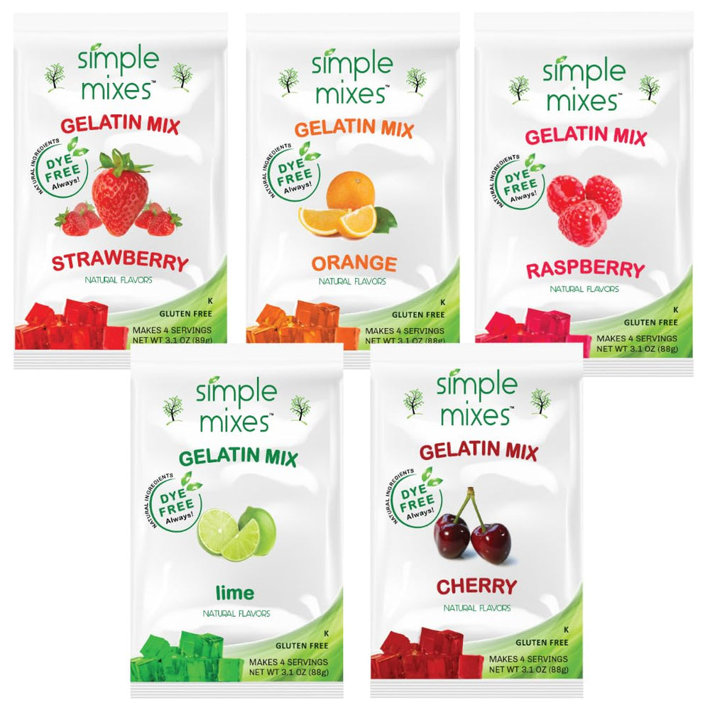 Simple Mixes strawberry gelatin dessert, vibrant flavor, no artificial dyes, perfect for family snack time.