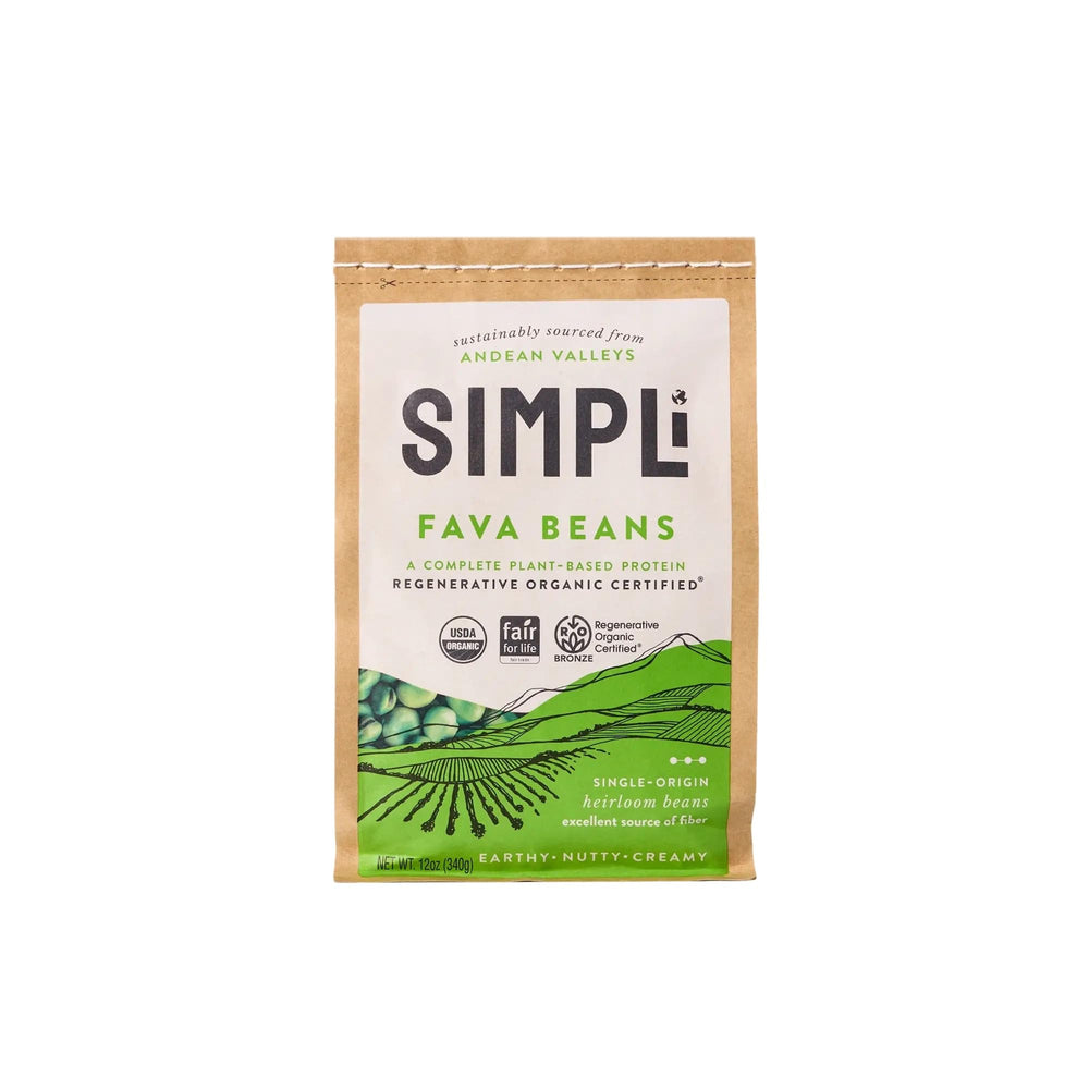 SIMPLI Organic fava beans in a 12oz pack, ready for soups, stews, or roasting into snacks.