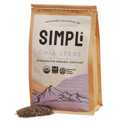 SIMPLi Regenerative Organic Chia Seeds pack closeup highlighting protein and fiber boost for smoothies.