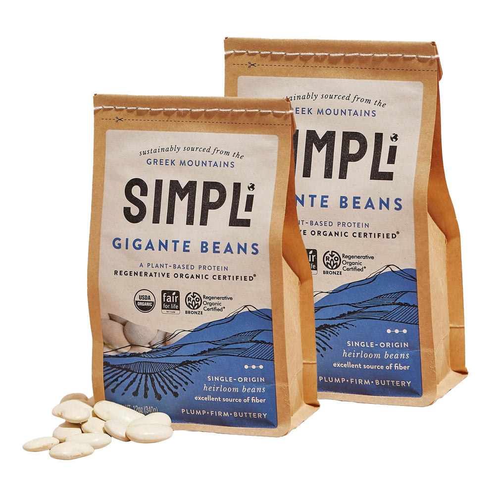 SIMPLi regenerative organic gigante beans 2x12oz pack on pantry shelf; ideal for hearty soups and stews.