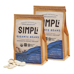 SIMPLi regenerative organic gigante beans 2x12oz pack on pantry shelf; ideal for hearty soups and stews.