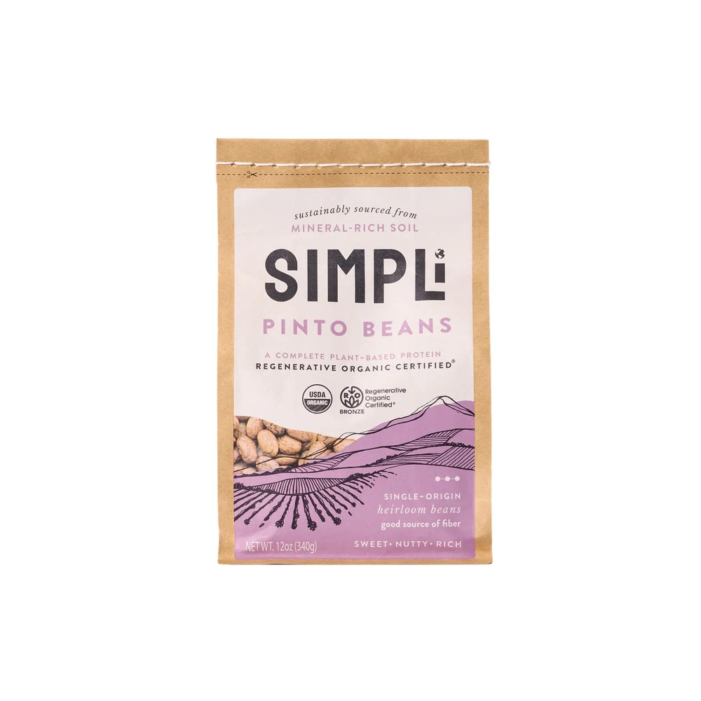SIMPLI Organic Pinto Beans 12oz dry beans ready for stews and tacos.