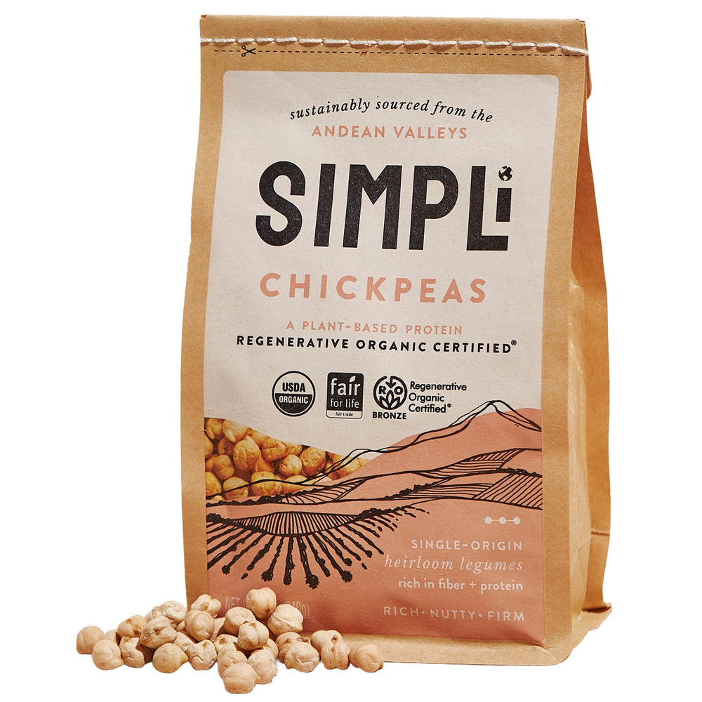 SIMPLi regenerative organic chickpeas 12oz pack, ideal for bowls and salads.