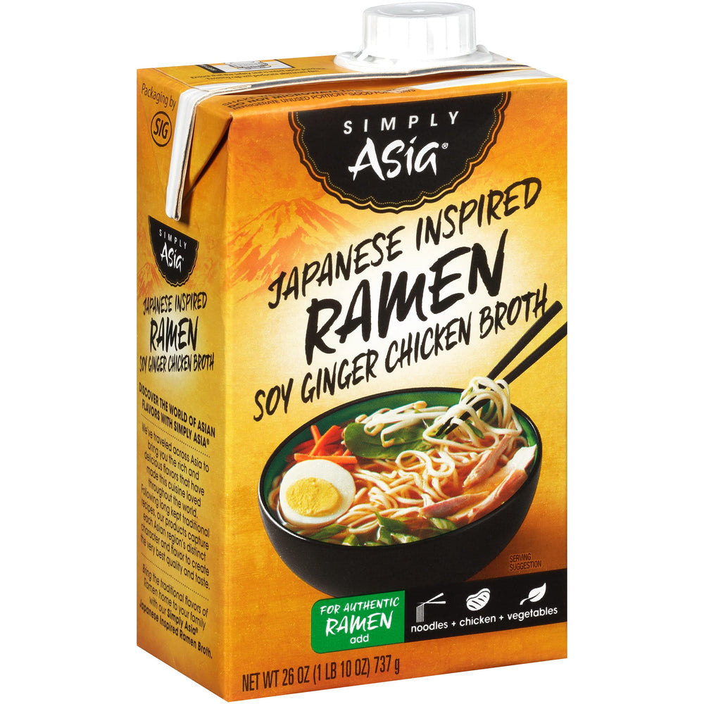 Simply Asia ramen broth bottle shows soy-ginger flavor for authentic soups.