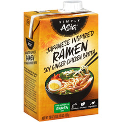 Simply Asia ramen broth bottle shows soy-ginger flavor for authentic soups.