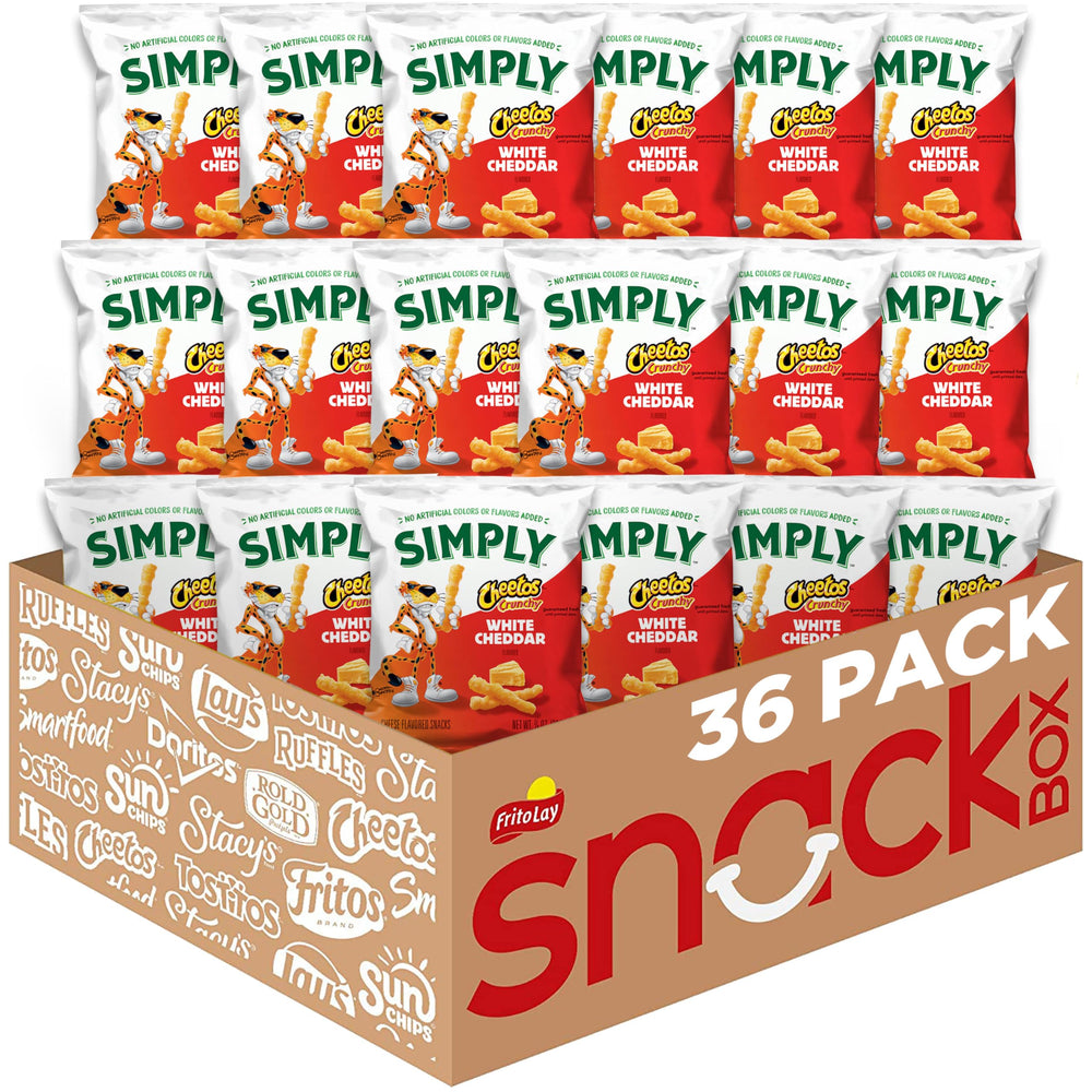 Simply Cheetos Crunchy White Cheddar bags on a shelf for convenient snacking.