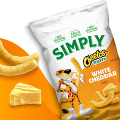 Gluten-free badge visible on Simply Cheetos White Cheddar Puffs packaging