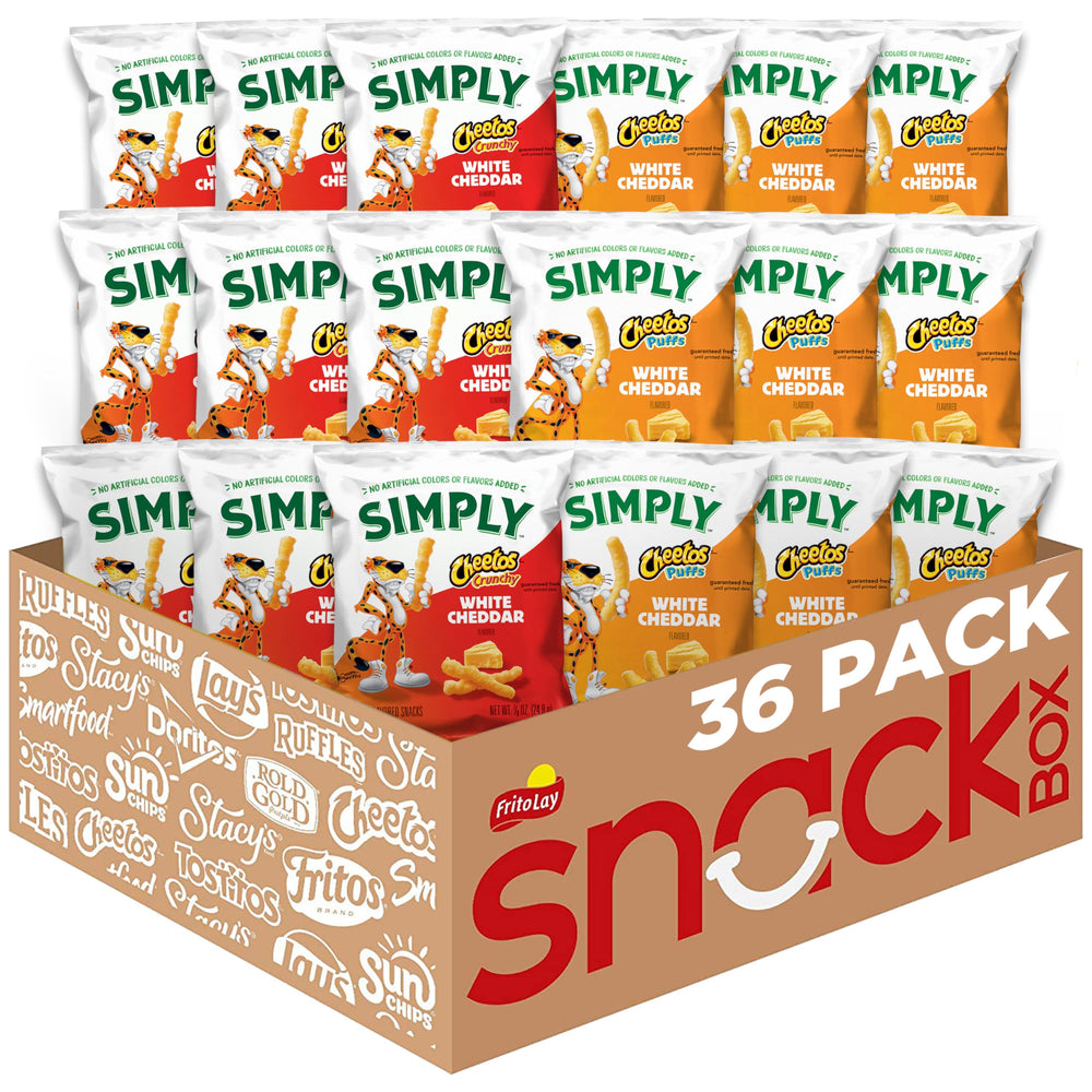 Simply Cheetos White Cheddar Crunchy Variety Pack front view highlighting 36-pack convenience
