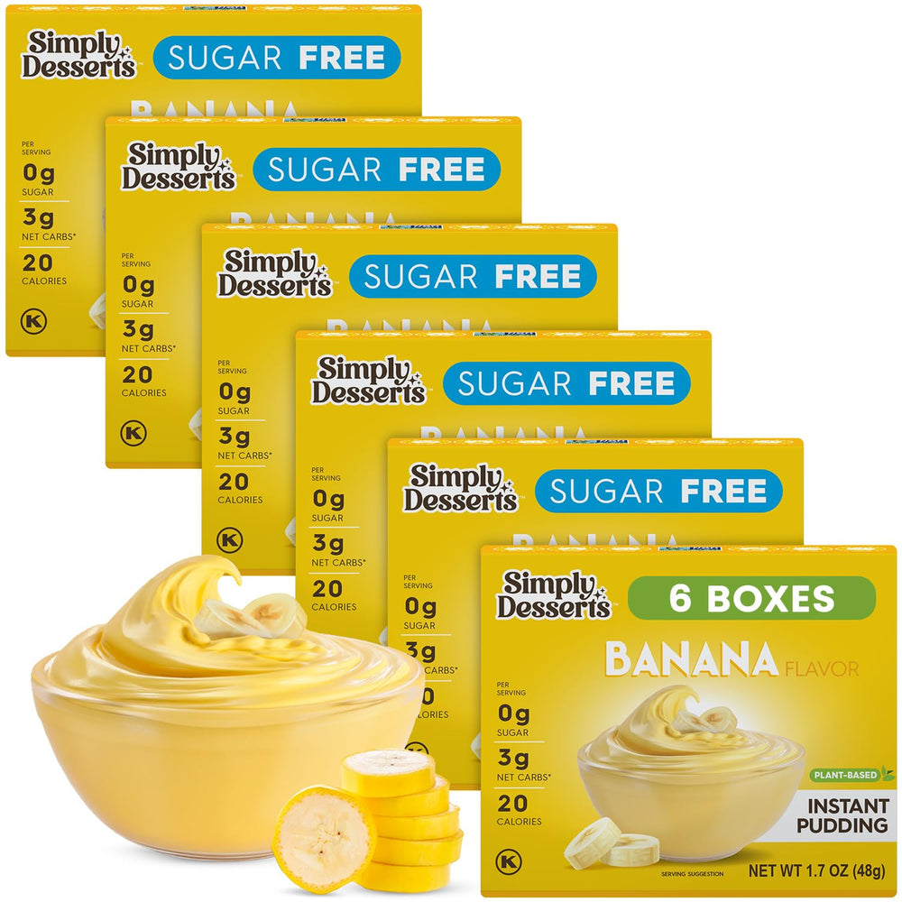 Simply Delish banana instant pudding packaging in a 6-pack, sugar-free dessert option
