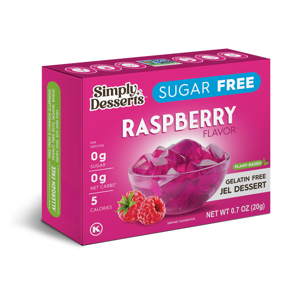 Simply Delish raspberry jel dessert box showing a fat-free, sugar-free treat option