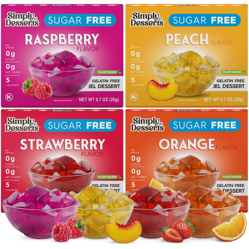 Simply Delish Jel sugar-free variety pack front view, gluten-free vegan desserts.