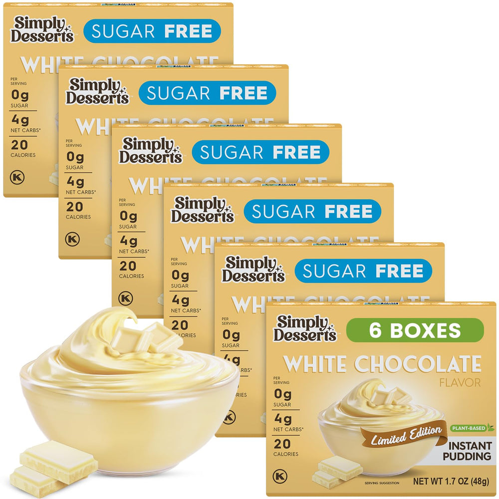Simply Delish white chocolate pudding 6-pack packshot shows a sugar-free dessert option.
