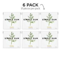 Six-pack SIMPLY Gum fennel display for on-the-go freshness.