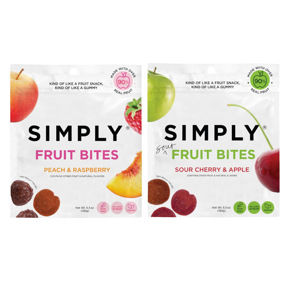 Simply Gum Fruit Bites 2pk bundle on kitchen counter for on-the-go snacking
