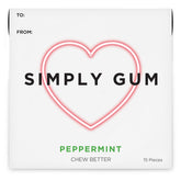 Simply Gum Peppermint heart box front view, plastic-free packaging, fresh breath potential