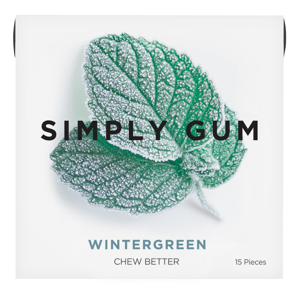 SIMPLY Gum Wintergreen packaging shows plastic-free design for eco-conscious buyers.