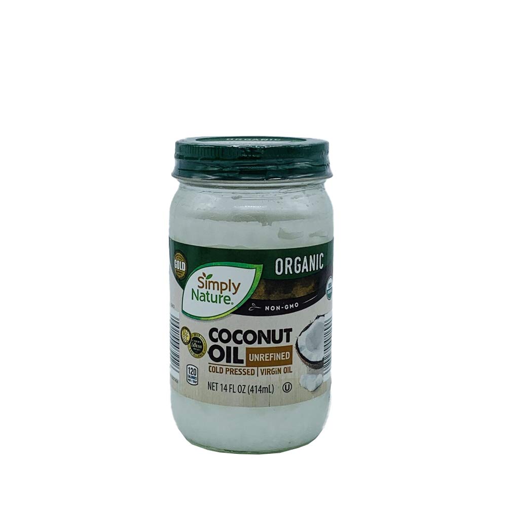 Simply Nature Organic Coconut Oil bottle with pour spout for cooking and skincare.