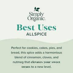 Pouring Simply Organic Allspice bottle, versatile flavor for pies and stews.