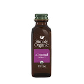 Simply Organic Almond Extract bottle showcases rich aroma for baking and drinks.