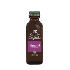 Simply Organic Almond Extract bottle showcases rich aroma for baking and drinks.