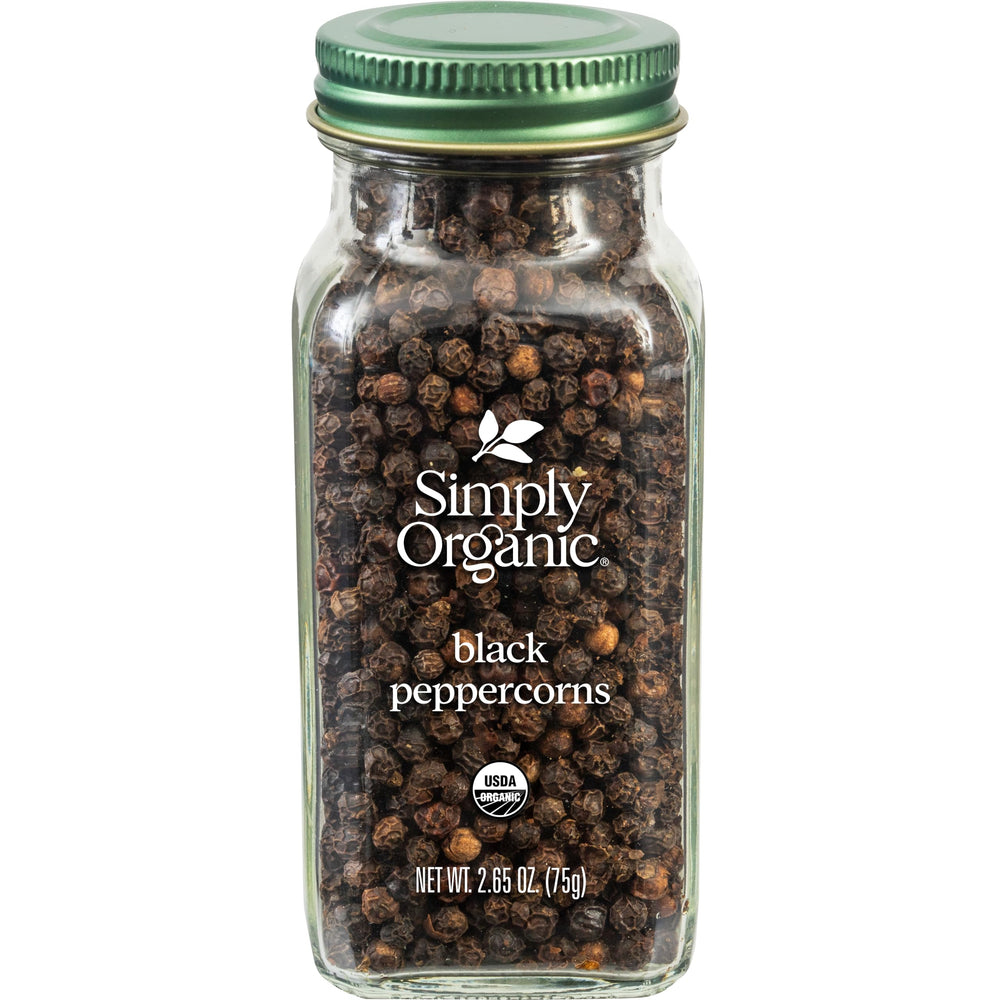 Simply Organic Black Peppercorns – whole bottle for fresh-ground flavor.