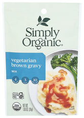 Simply Organic Brown Gravy Mix packaging, ideal pantry staple for quick gravies.