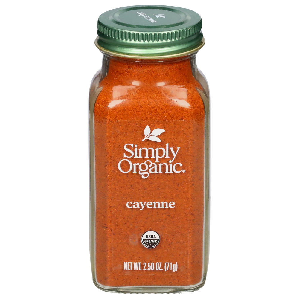 Simply Organic cayenne pepper jar with vibrant red spice for bold heat