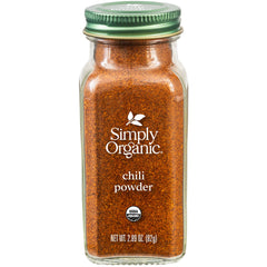 Simply Organic chili powder bottle on the counter adds smoky depth to chili.