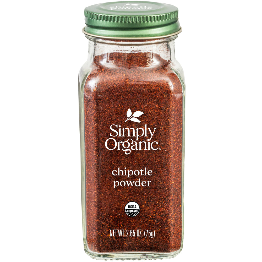 Simply Organic Chipotle Powder jar closeup highlights smoky aroma for tacos