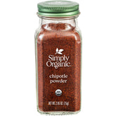 Simply Organic Chipotle Powder jar closeup highlights smoky aroma for tacos