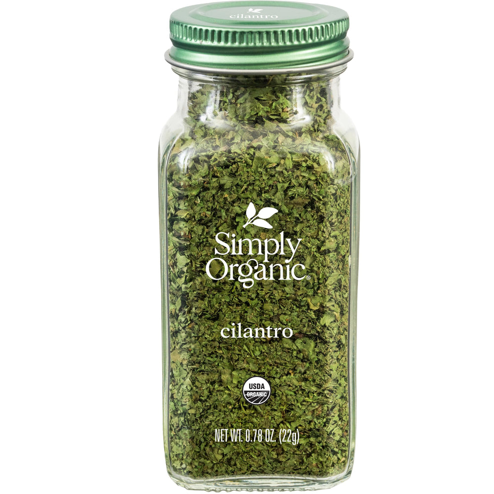 Simply Organic cilantro leaf dried bottle adds bright note to salsas and soups.