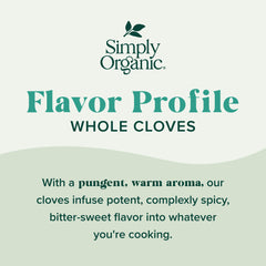Simply Organic cloves in measuring spoon illustrating versatile use for pies, curries, and drinks.