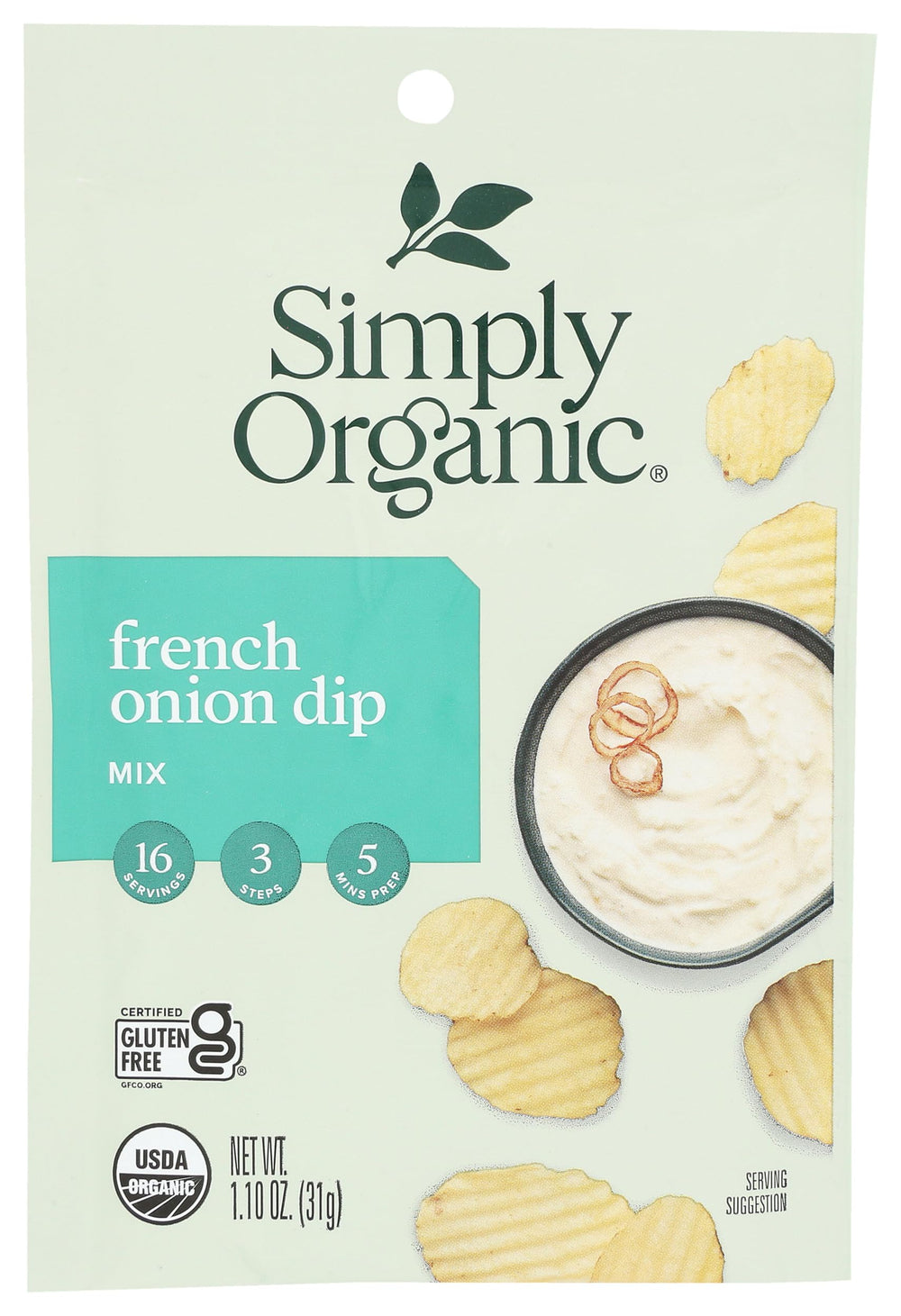 Simply Organic French Onion Dip Mix package on shelf, ideal organic option for gatherings.