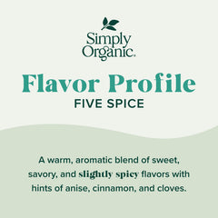 Simply Organic Five Spice Powder ingredients closeup, highlighting organic cinnamon and mixed spices.