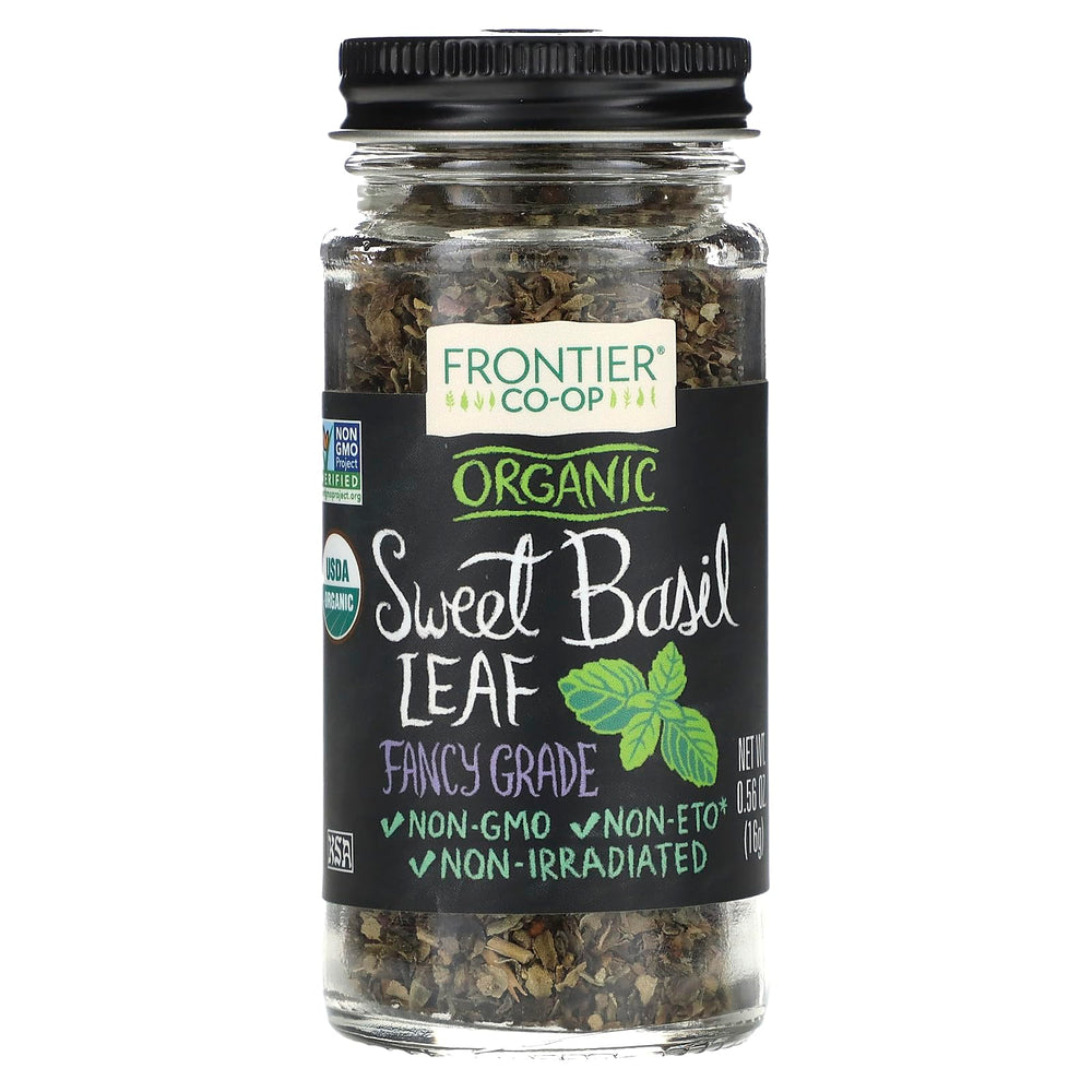 Simply Organic Frontier Sweet Basil leaf flakes add fresh aroma to sauces and pizzas.