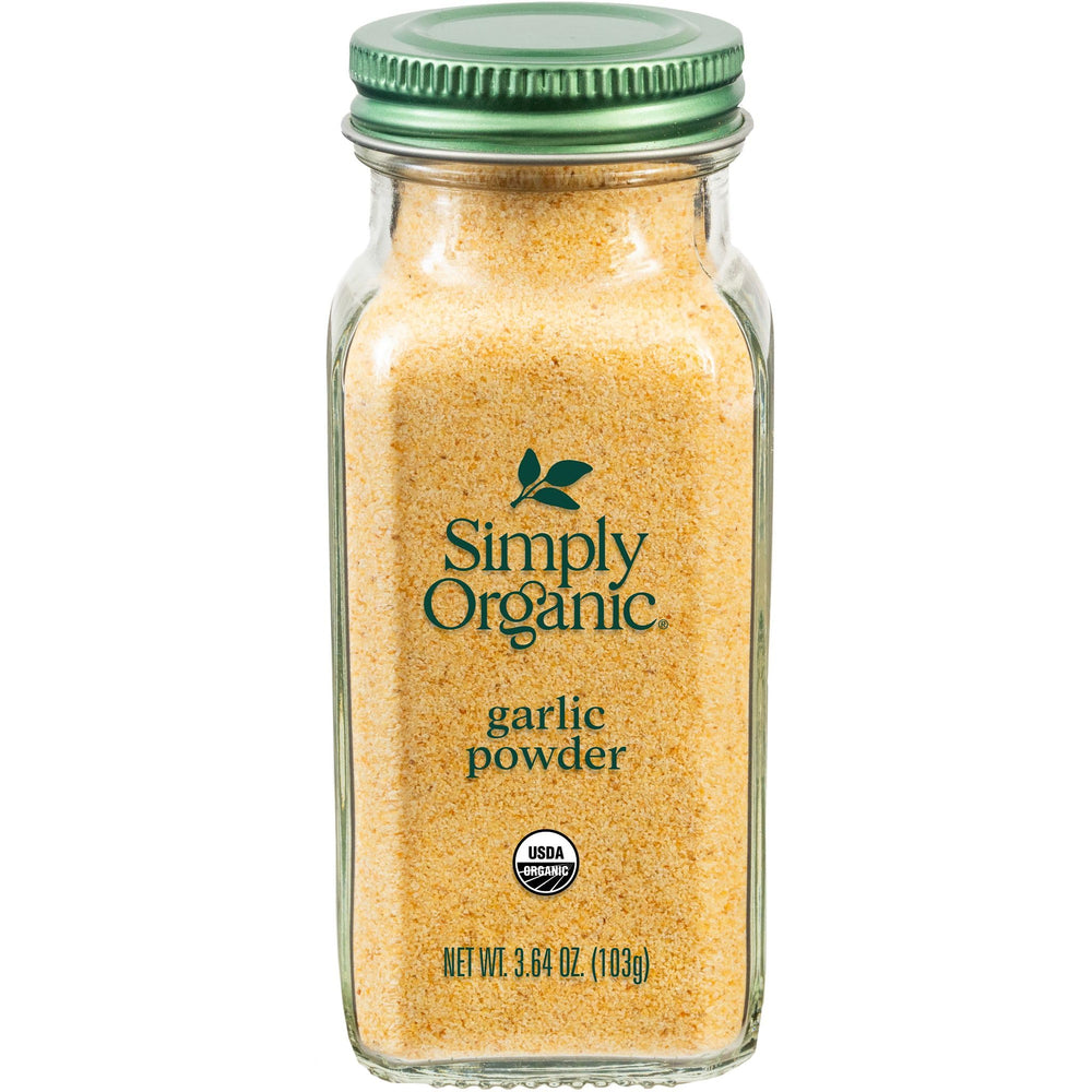 Simply Organic Garlic Powder jar in clear glass for pure flavor in sauces.