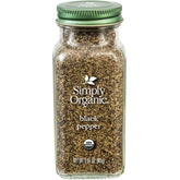 Simply Organic Ground Black Pepper bottle label highlights organic flavor for meals.