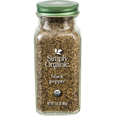 Simply Organic Ground Black Pepper bottle label highlights organic flavor for meals.