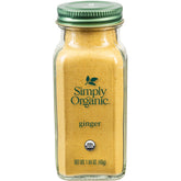 Simply Organic ground ginger root in glass jar enhances cooking with warm aroma.