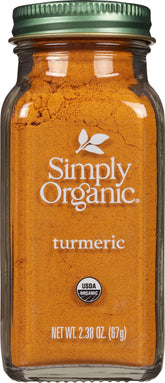 Simply Organic ground turmeric bottle front with vibrant golden color for curries and more.