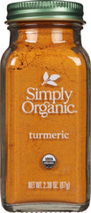 Simply Organic ground turmeric bottle front with vibrant golden color for curries and more.