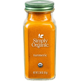 Simply Organic ground turmeric powder in container adds vibrant color to curries.