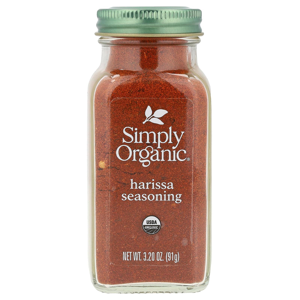 Simply Organic Harissa Seasoning jar shows smoky garlic aroma for bold cooking