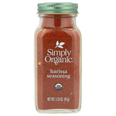 Simply Organic Harissa Seasoning jar shows smoky garlic aroma for bold cooking