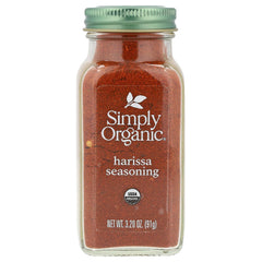 Simply Organic Harissa Seasoning jar shows smoky garlic aroma for bold cooking